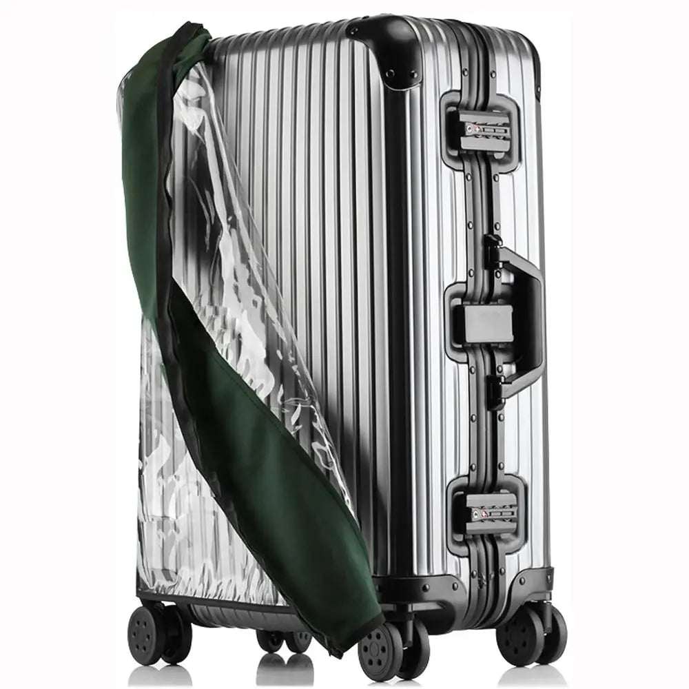 A silver waterproof luggage protector cover is shown partially open on a rolling suitcase.