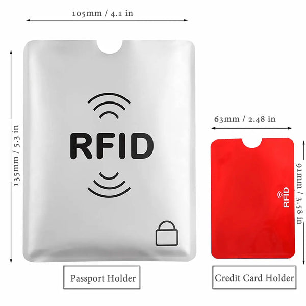 A silver RFID passport holder and a red RFID credit card holder are shown side by side.