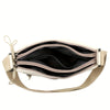 A beige nylon crossbody shoulder bag with multiple zippered compartments shown from the front.