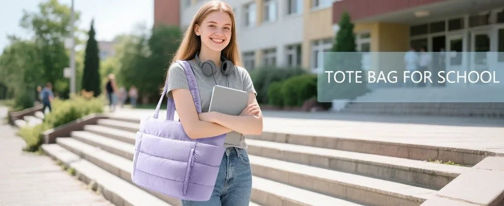 A young woman smiling while holding a purple quilted puffer tote bag for school.