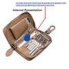 A brown PU leather key organizer wallet showing an internal presentation of various keys and a blue tag.