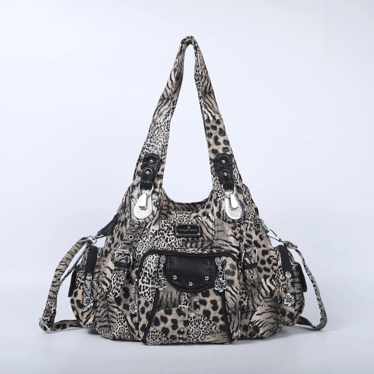 A leopard print vintage PU leather hobo shoulder bag with black hardware.