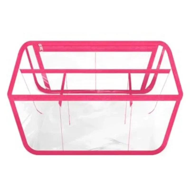 Pink waterproof transparent beach bag organizer with dividers and a protective frame