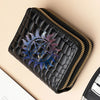 Black quilted fashion PU leather double zipper wallet with a purple and blue floral design