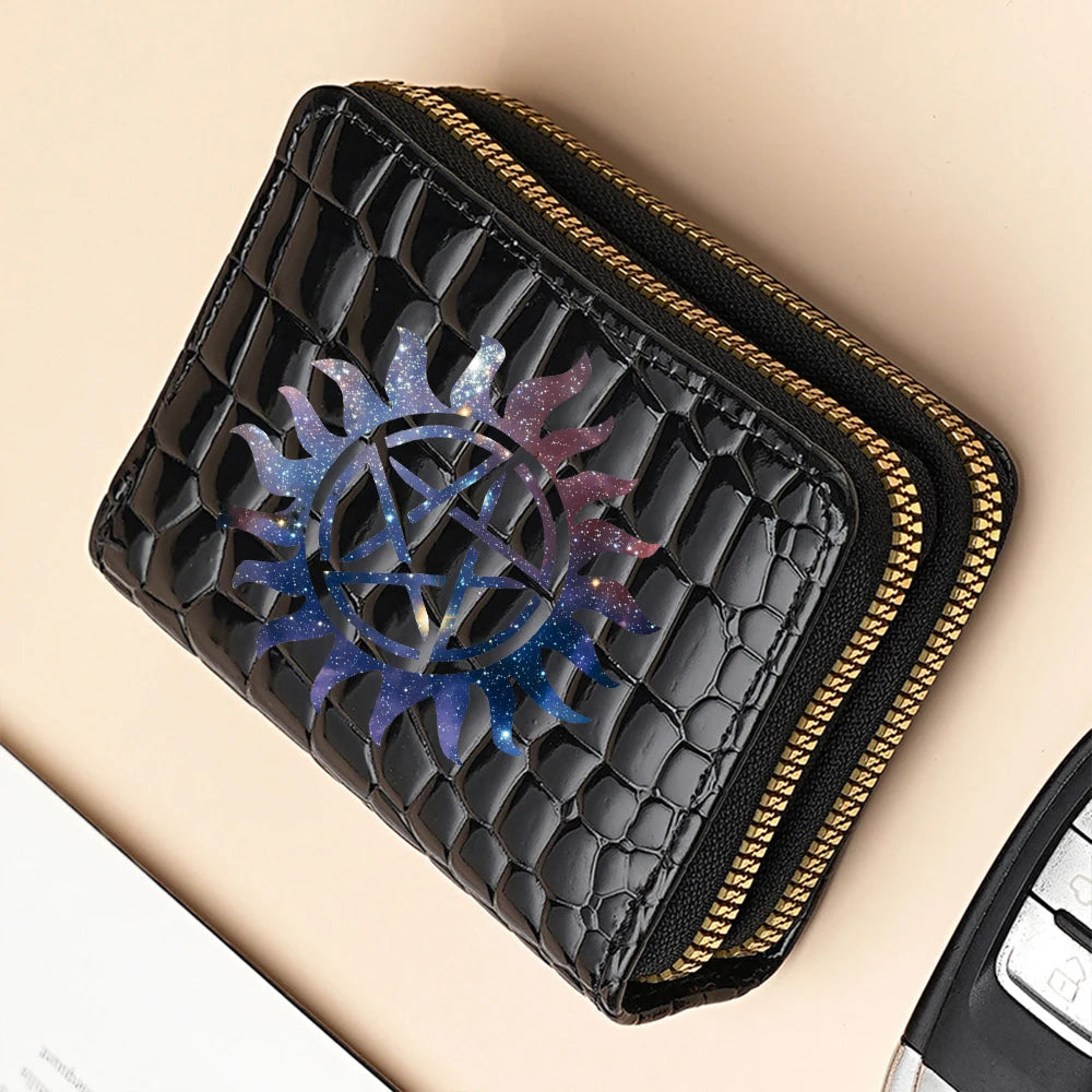 Black quilted fashion PU leather double zipper wallet with a purple and blue floral design