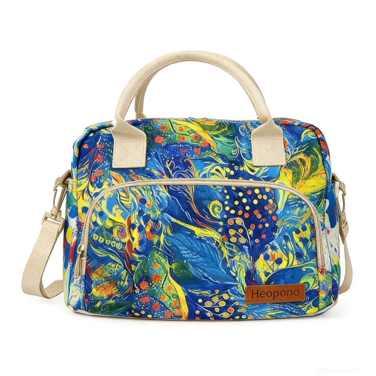 A multi-color oxford cloth picnic lunch bag featuring a vibrant blue and yellow floral pattern.