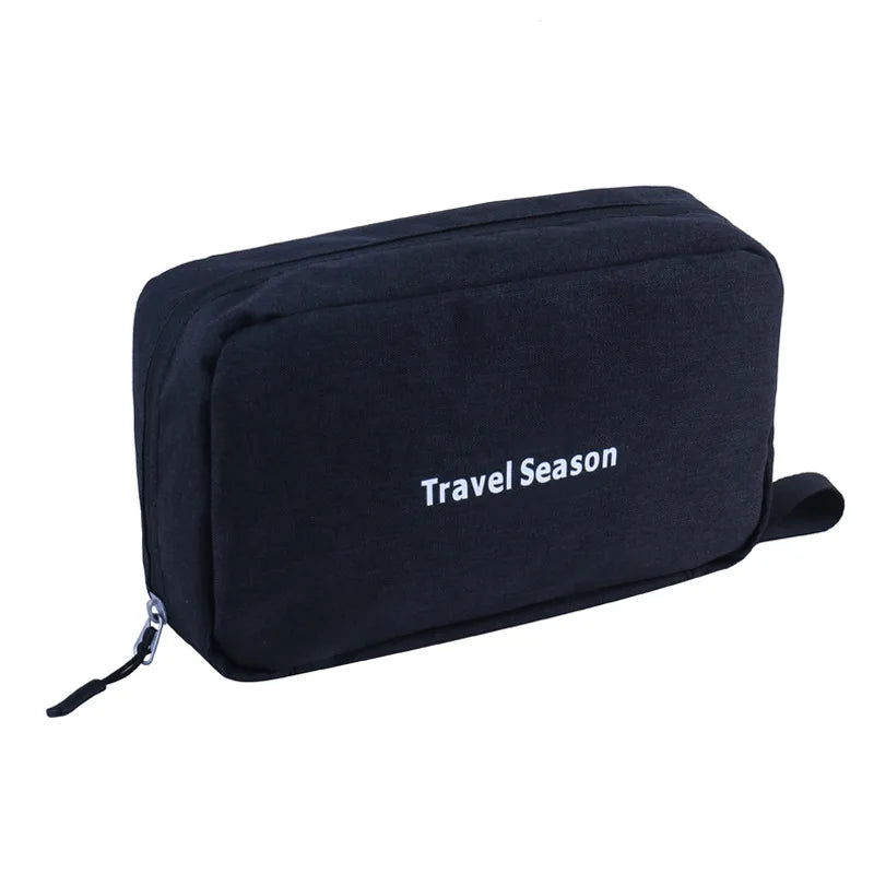 Sac de toilette de voyage noir et imperméable avec l'inscription 'Travel Season'