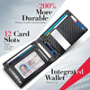 A black leather card holder wallet with 12 slots and an integrated money clip is shown diagonally.