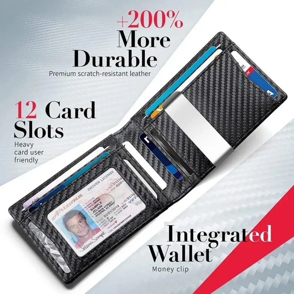A black leather card holder wallet with 12 slots and an integrated money clip is shown diagonally.