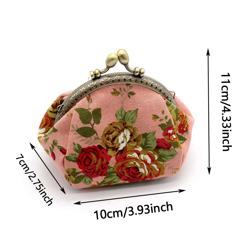 A pink canvas coin purse with a vintage rose print and gold-toned hardware.