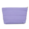 A lavender quilted cosmetic travel bag with a zipper closure.