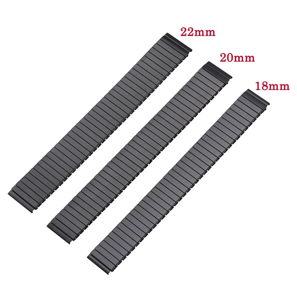 Three stainless steel expansion watch bands shown with sizes 22mm, 20mm, and 18mm.