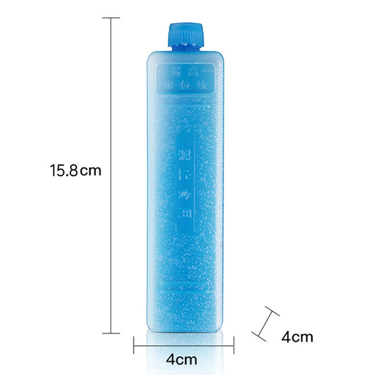 A clear blue reusable ice pack bottle with a blue cap, shown in a vertical view.