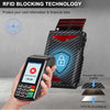 Une main tient un portefeuille anti-RFID, montrant la couche de protection et le matériau bloqueur d'RFID.