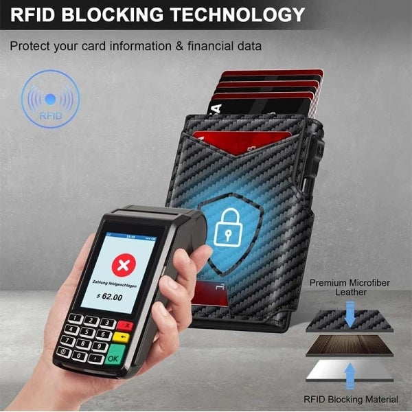 Une main tient un portefeuille anti-RFID, montrant la couche de protection et le matériau bloqueur d'RFID.