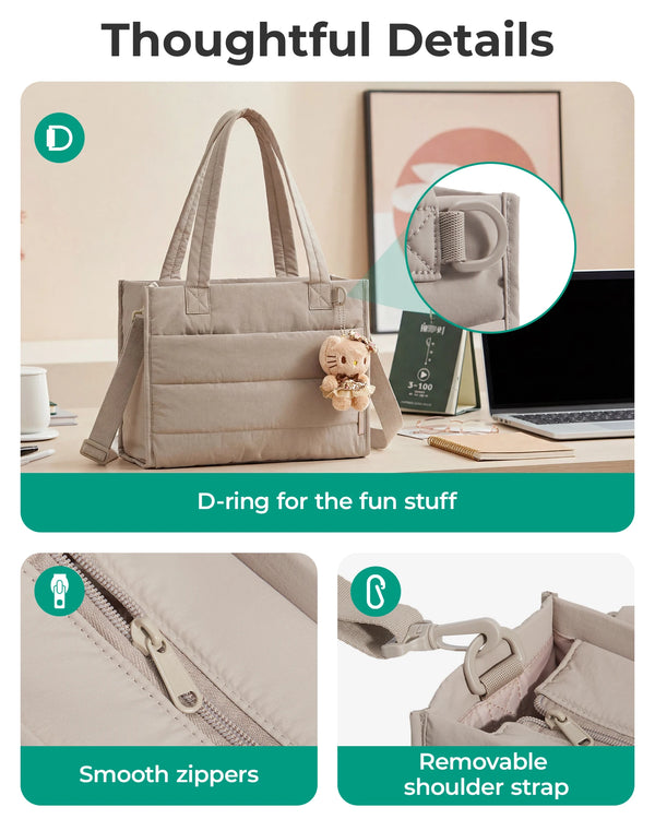 A beige boxy tote bag is shown with details like a D-ring, smooth zippers, and a removable shoulder strap.