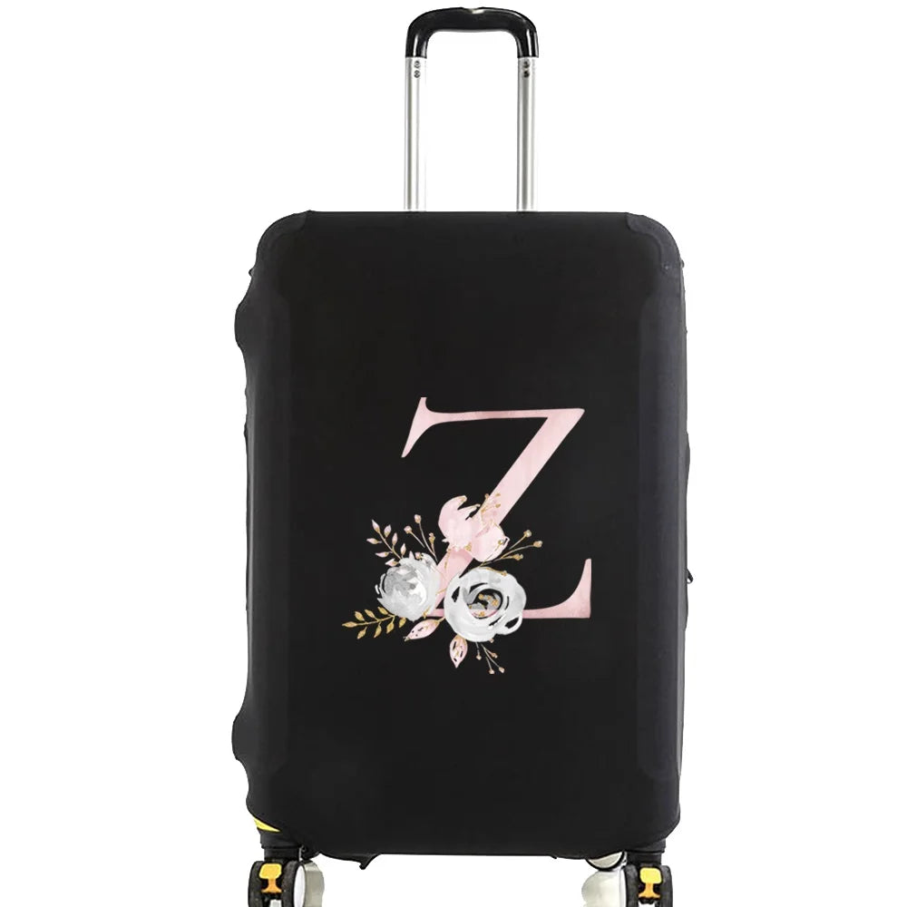 Black luggage with a pink floral letter Z design and silver handle.