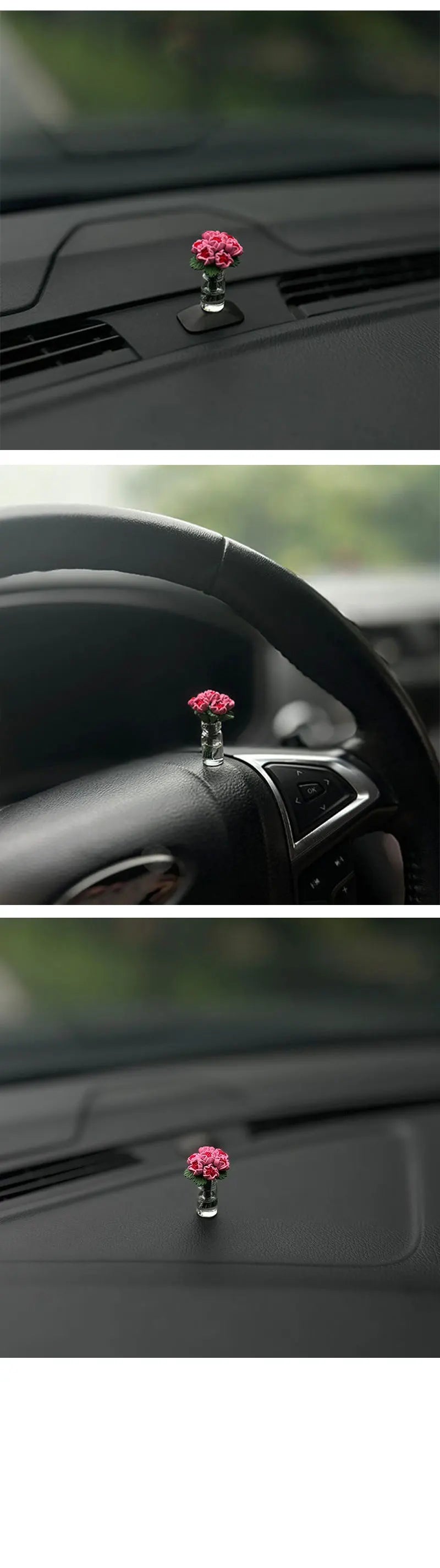 Eine kleine Glasvase mit einer rosa Rose liegt auf der Armaturenbrett und dem Lenkrad eines Autos.