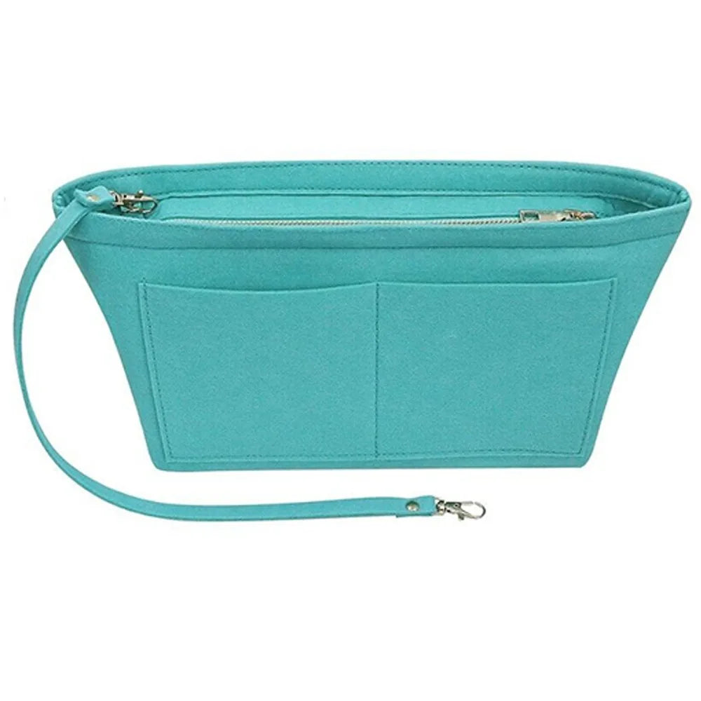 Bolsa cosmética de fieltro azul verdoso con cremallera y correa para organizar bolsos