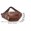 Brown men's PU leather waist pack with an adjustable strap shown from the top.