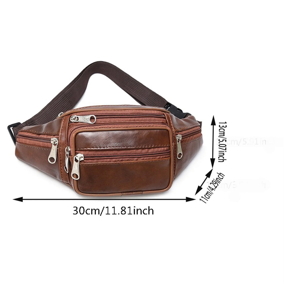 Brown men's PU leather waist pack with an adjustable strap shown from the top.