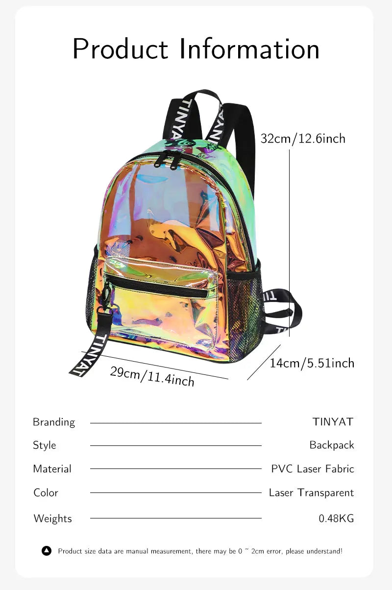 A clear, laser transparent PVC backpack with a vibrant, iridescent finish.