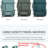 A variety of colors and angles of a large capacity travel backpack, including black, light gray, green, army green, and dark 