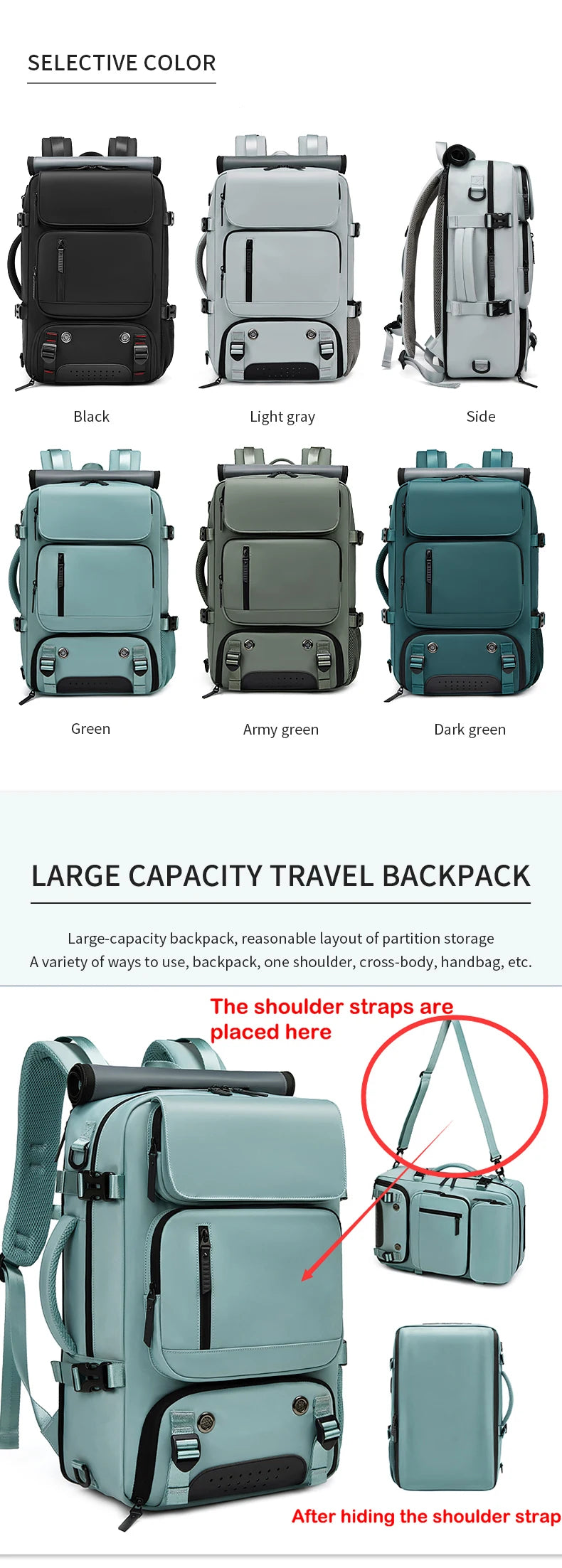 A variety of colors and angles of a large capacity travel backpack, including black, light gray, green, army green, and dark 