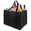 Black reusable eco-friendly tote bag filled with fresh produce and wine bottles