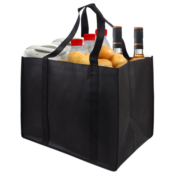 Black reusable eco-friendly tote bag filled with fresh produce and wine bottles