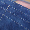 Close-up of a dark blue PU leather clutch wallet showing stitching and RFID protection details.