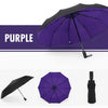 Purple heavy-duty windproof automatic umbrella shown in various views.