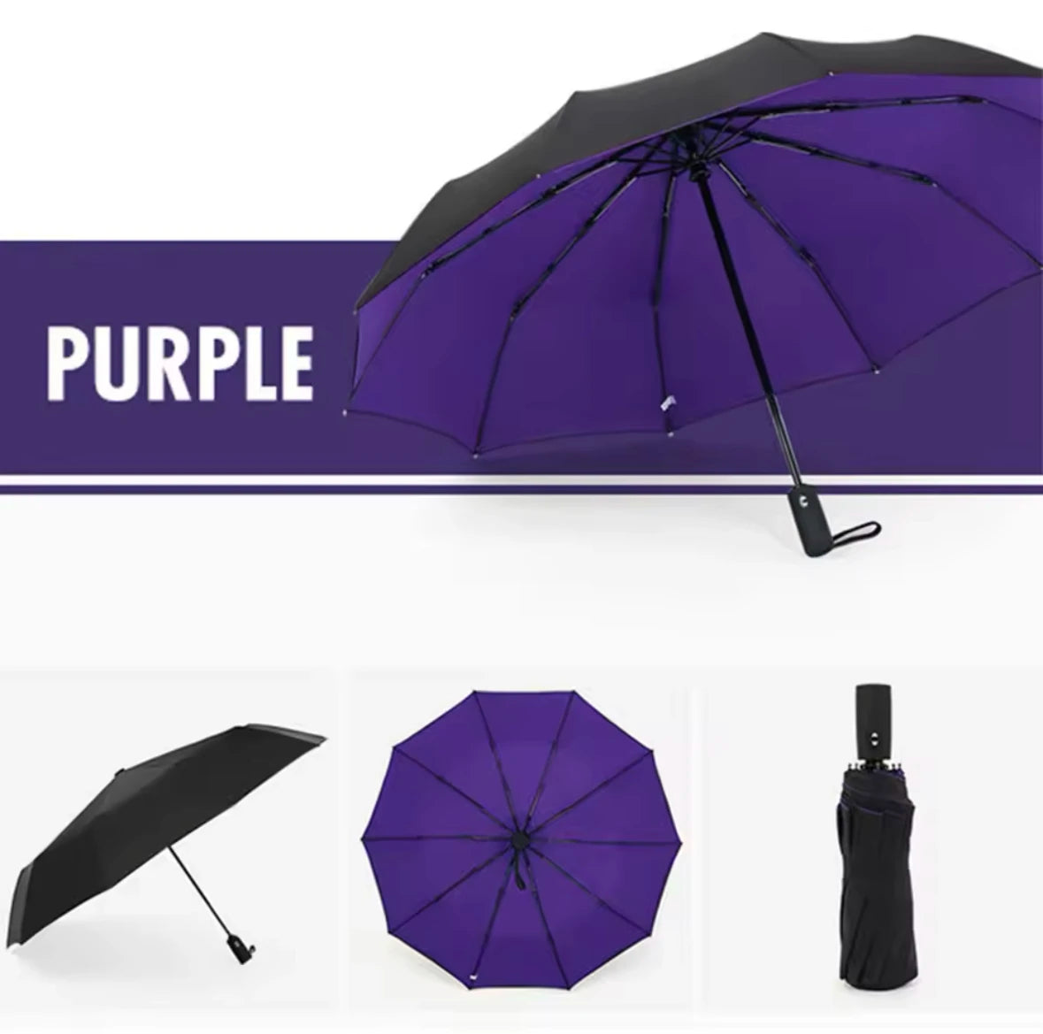 Purple heavy-duty windproof automatic umbrella shown in various views.
