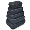 A stack of black portable EVA storage and travel organizer bags.