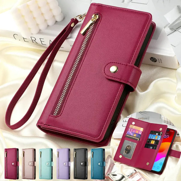 A collection of elegant leather crossbody phone cases in various colors and finishes displayed on a white background.