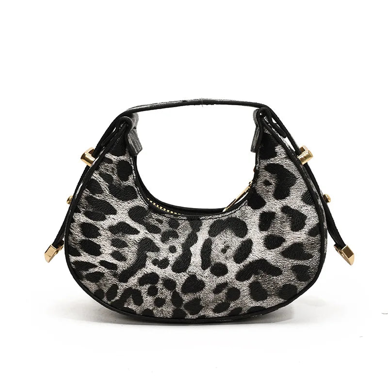 Black leopard print PU leather mini tote handbag with gold hardware