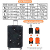 A set of black and orange luggage protection covers for various sized suitcases with step-by-step instructions.
