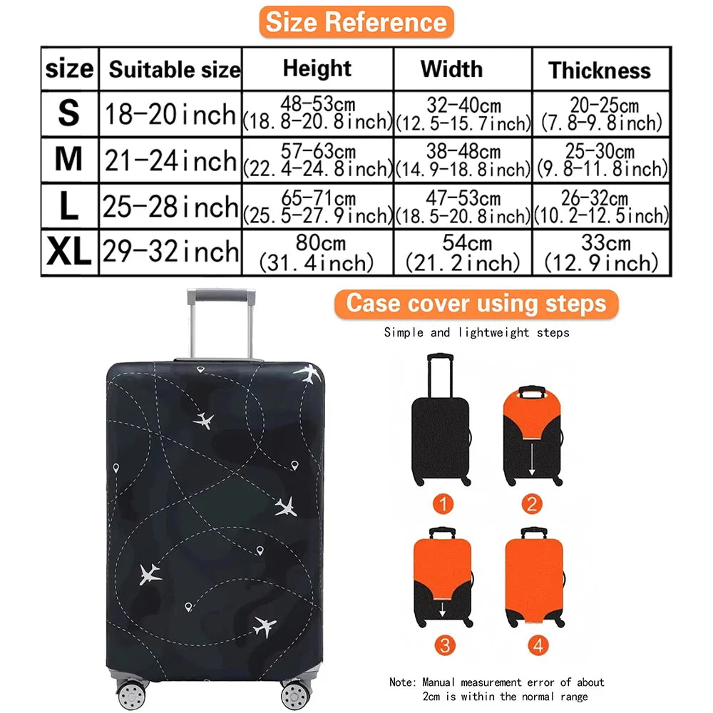 A set of black and orange luggage protection covers for various sized suitcases with step-by-step instructions.