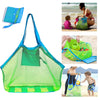 A bright green mesh bag used for beach storage and carrying toys, shown in various contexts.