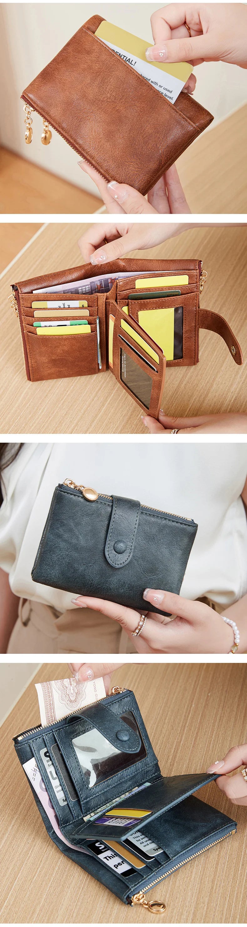 A brown leather foldable wallet is shown being held and opened to display multiple cards.