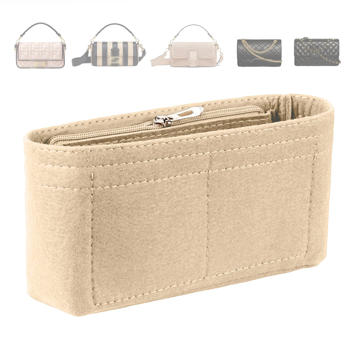 A beige felt organizer pouch with a zipper closure and multiple pockets for makeup and accessories.