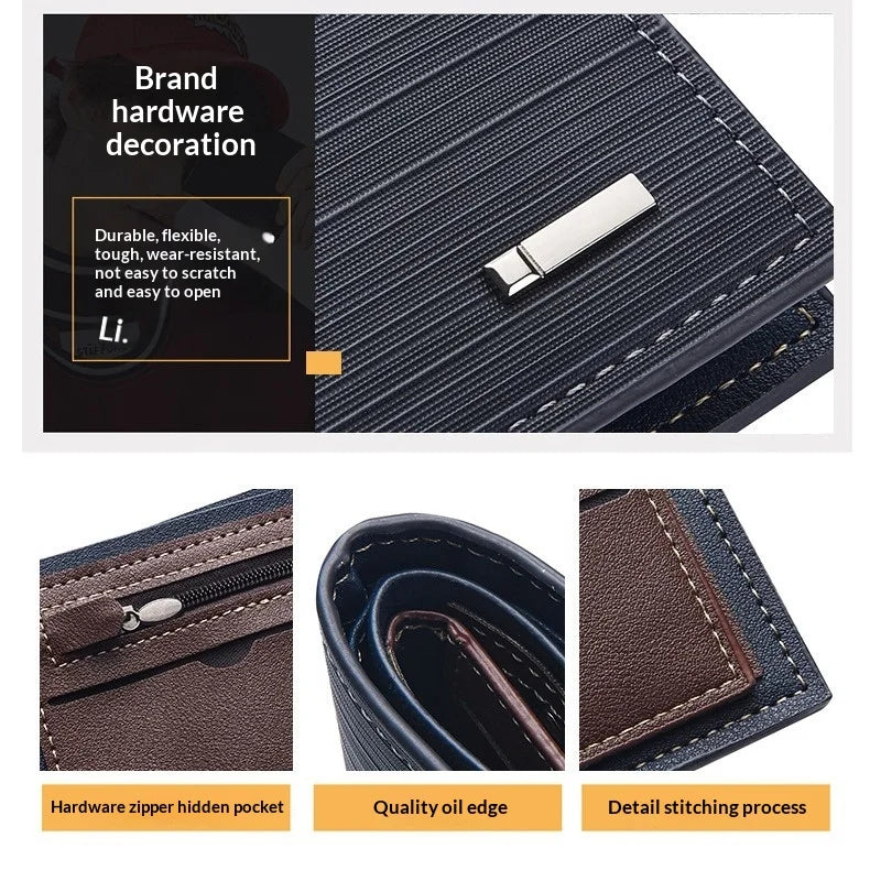 Primer plano de una cartera de cuero marrón oscuro mostrando herrajes, borde aceitado y costura.