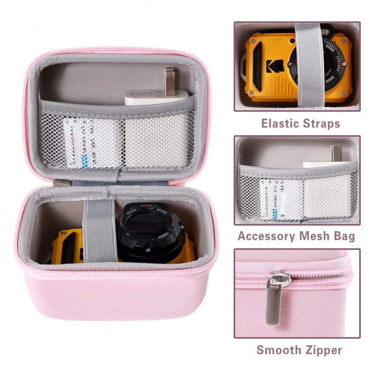 Pink hard shell camera travel case with elastic straps, mesh bag, and smooth zipper.