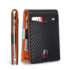 A black textured wallet with a flap, holding a credit card and a pen.