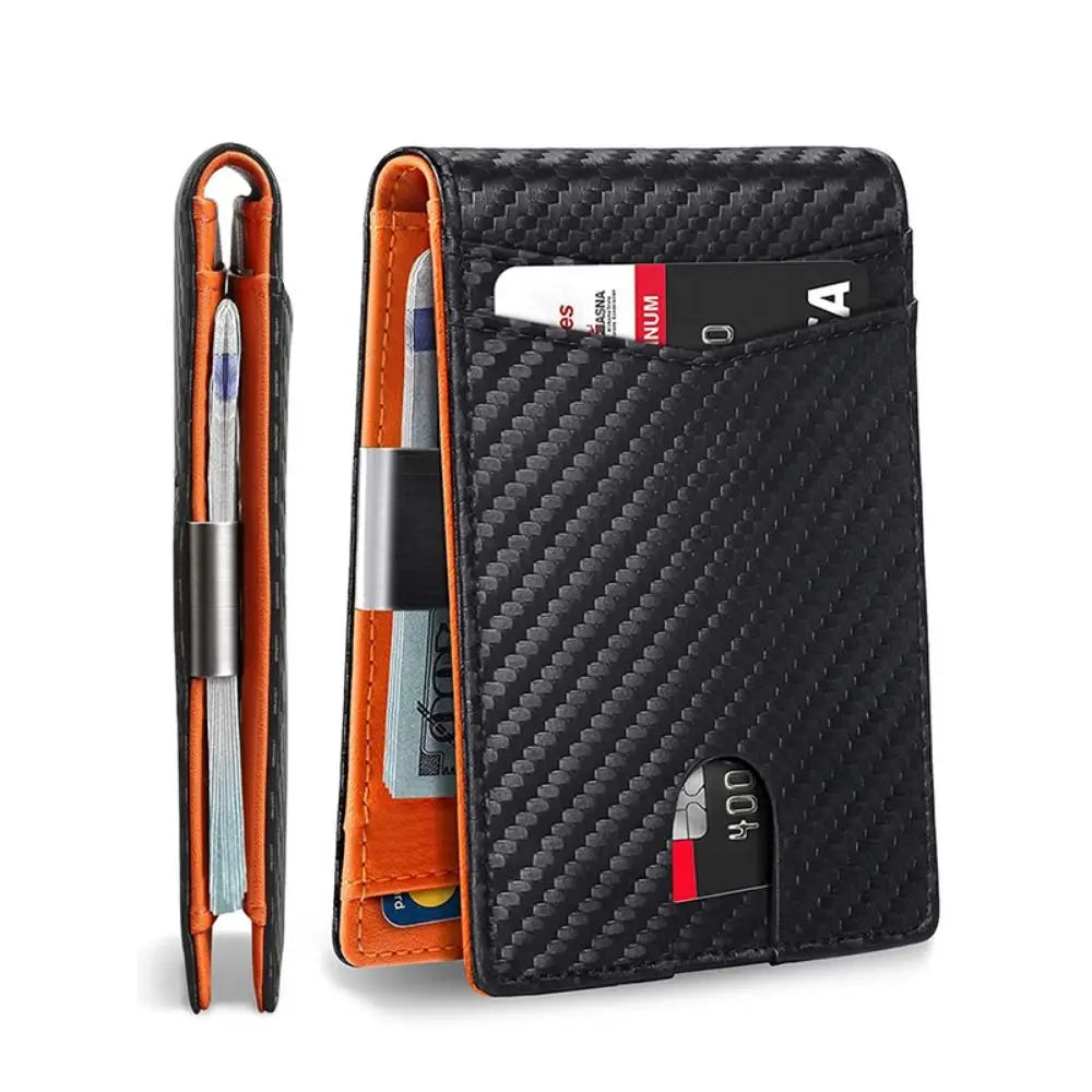 A black textured wallet with a flap, holding a credit card and a pen.