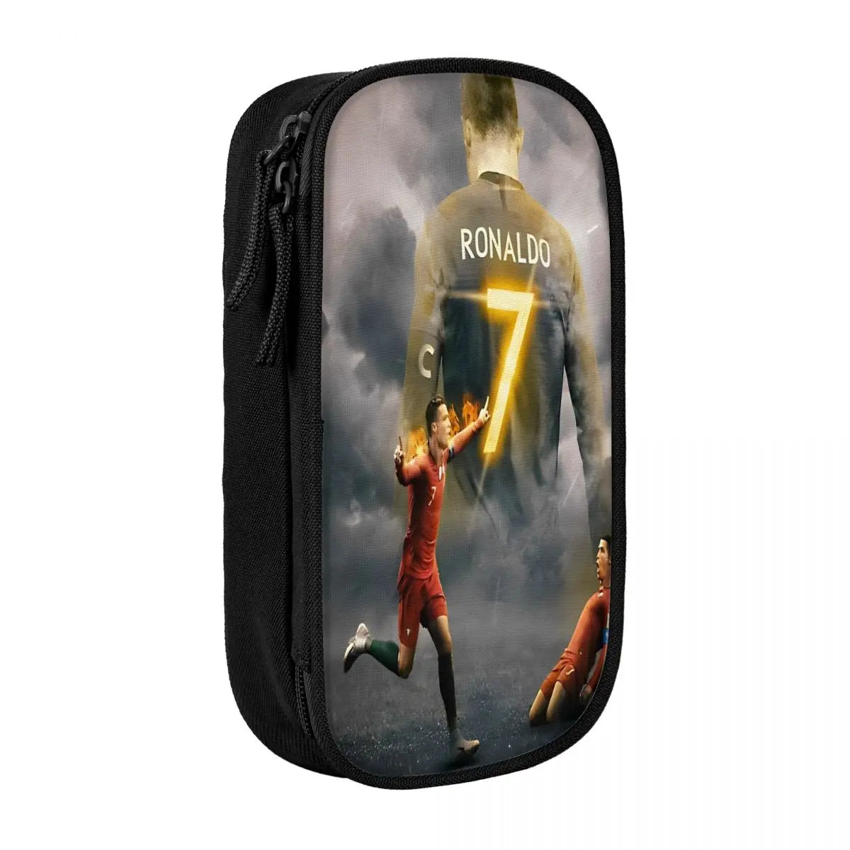 A black pencil case featuring a graphic of Cristiano Ronaldo in a red jersey with the number 7.