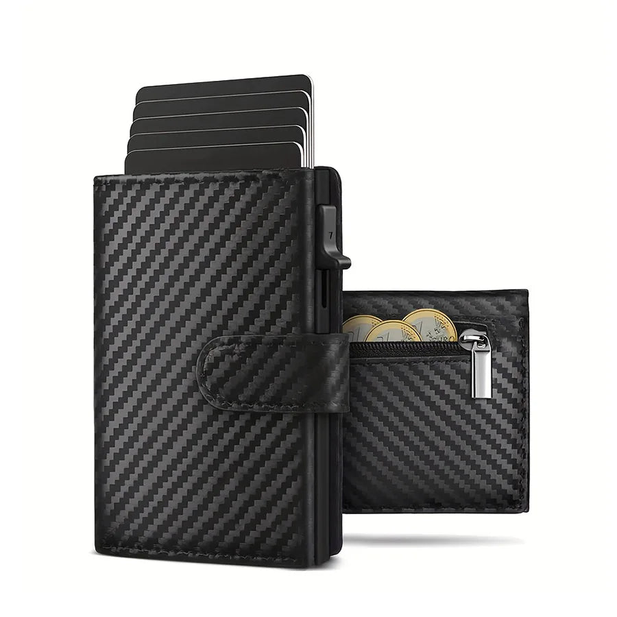 Black men's pop-up wallet with RFID protection featuring multiple card slots.