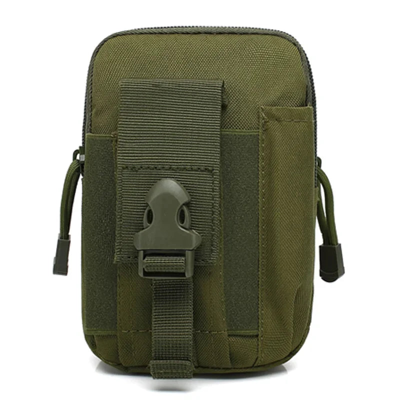 Olive green tactical MOLLE waist pouch with a flap closure and a dedicated phone pocket