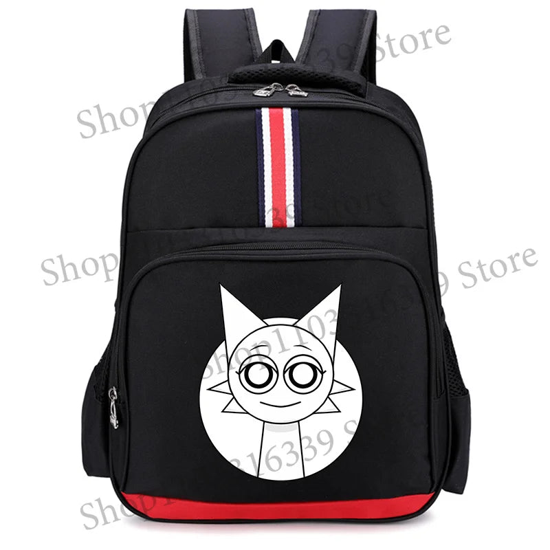 Black backpack featuring a white cartoon anime face design with black eyes and a circular outline.