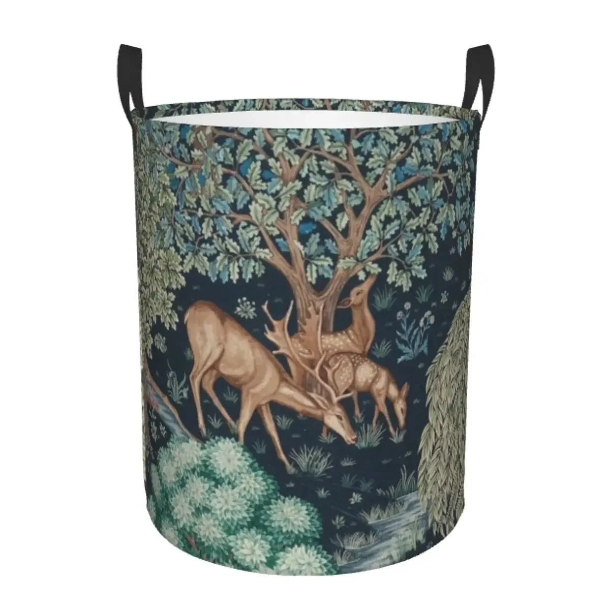 A dark floral patterned laundry hamper with a wooden handle and a light fabric interior.